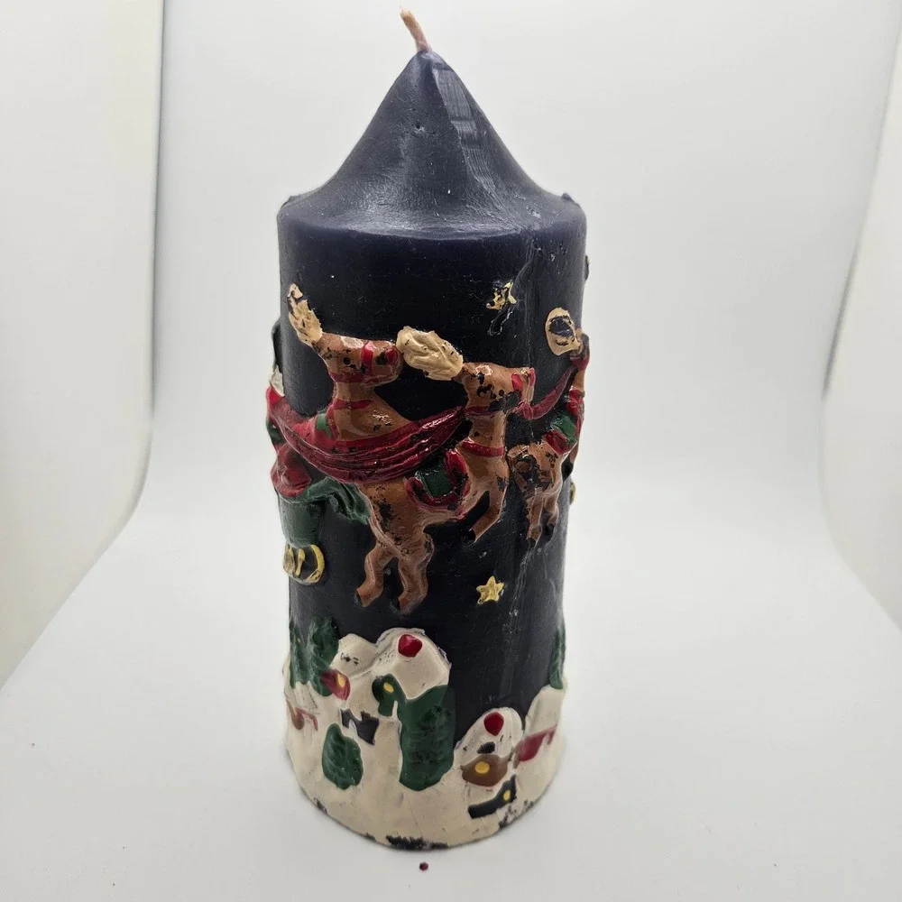 Vintage Hand Decorated Christmas Pillar Candle Santa Reindeer Moon Carved Wax 7